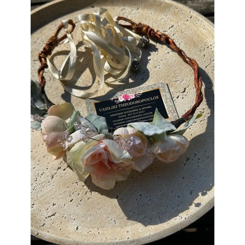 Chrisanthi Couture Handmade Floral Crown Halo Blush Crystal Headpiece